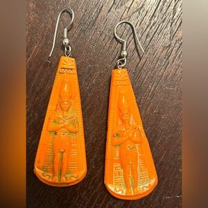 Vintage Egyptian Revival Orange Art Glass Pharaoh Dangle Earrings